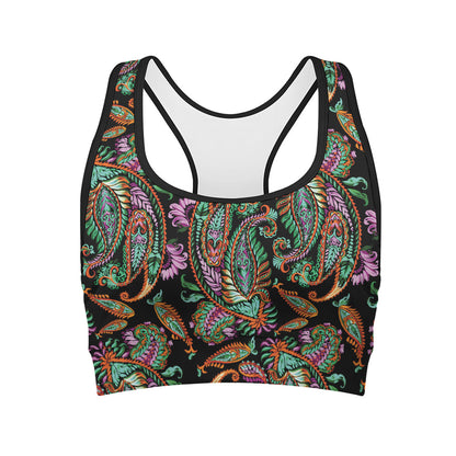 Green Orange And Pink Paisley Print Women's Sports Bra