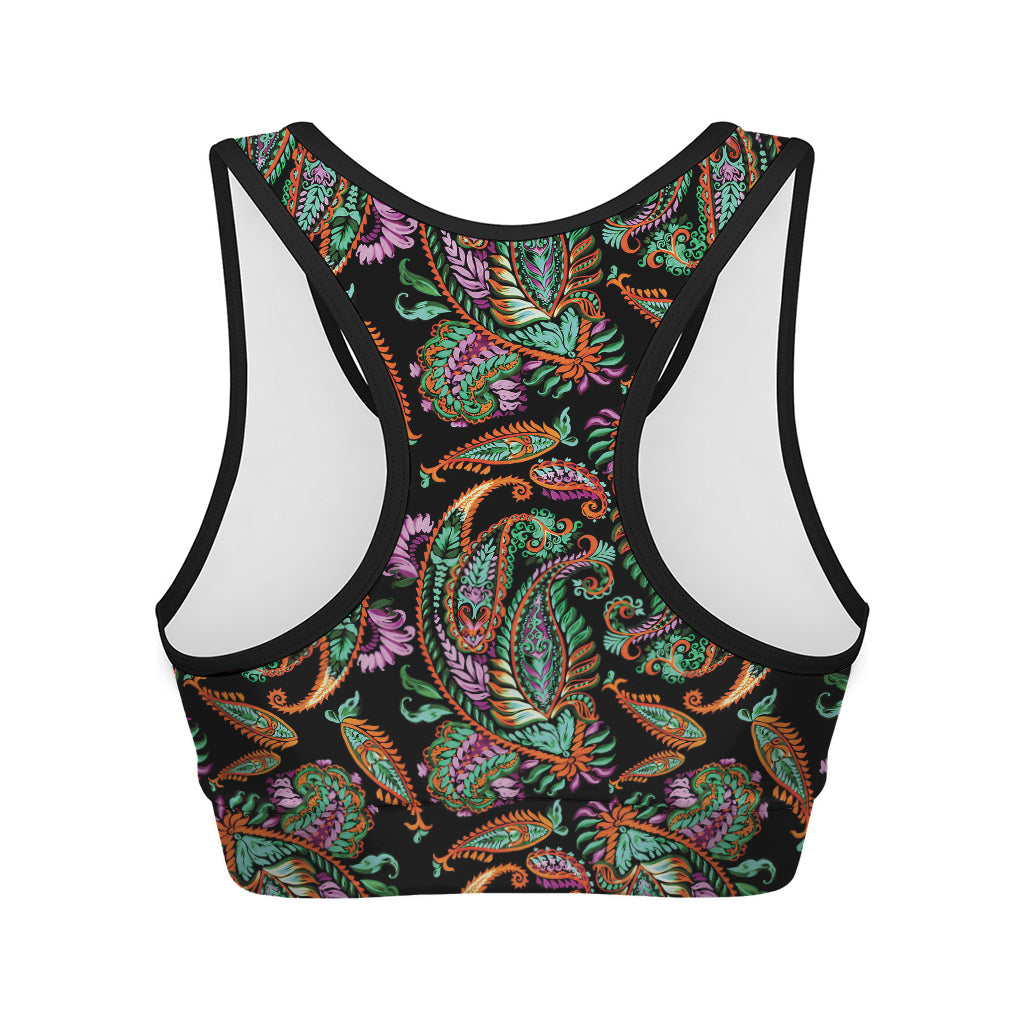 Green Orange And Pink Paisley Print Women's Sports Bra