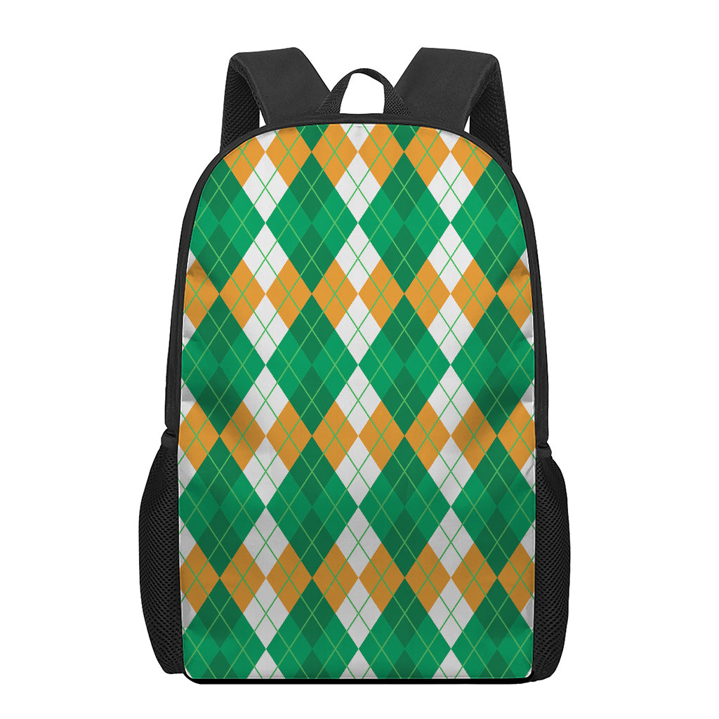 Green Orange And White Argyle Print 17 Inch Backpack
