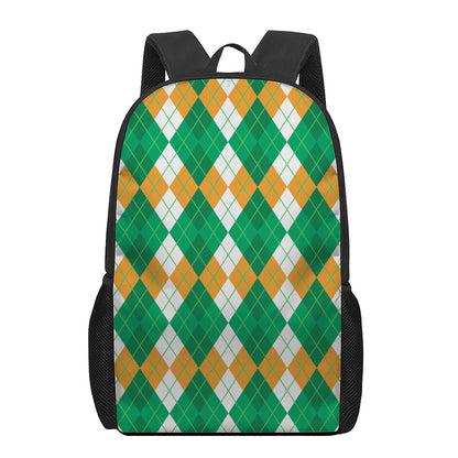 Green Orange And White Argyle Print 17 Inch Backpack