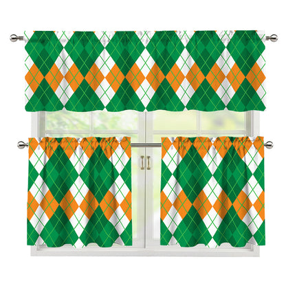 Green Orange And White Argyle Print 3 Piece Kitchen Curtains