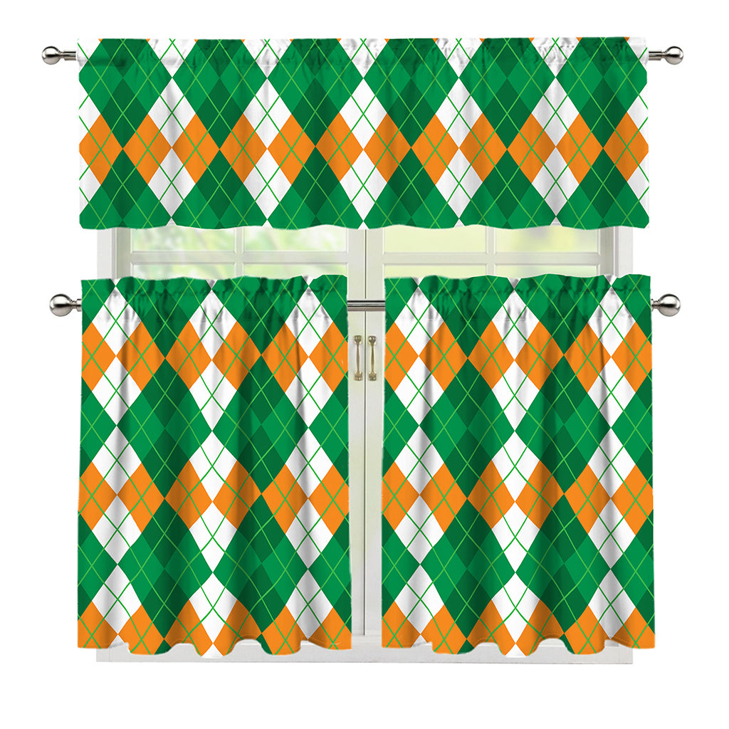 Green Orange And White Argyle Print 3 Piece Kitchen Curtains