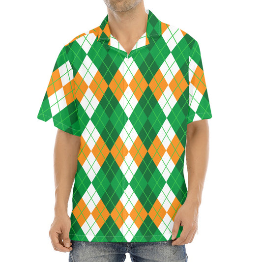 Green Orange And White Argyle Print Aloha Shirt