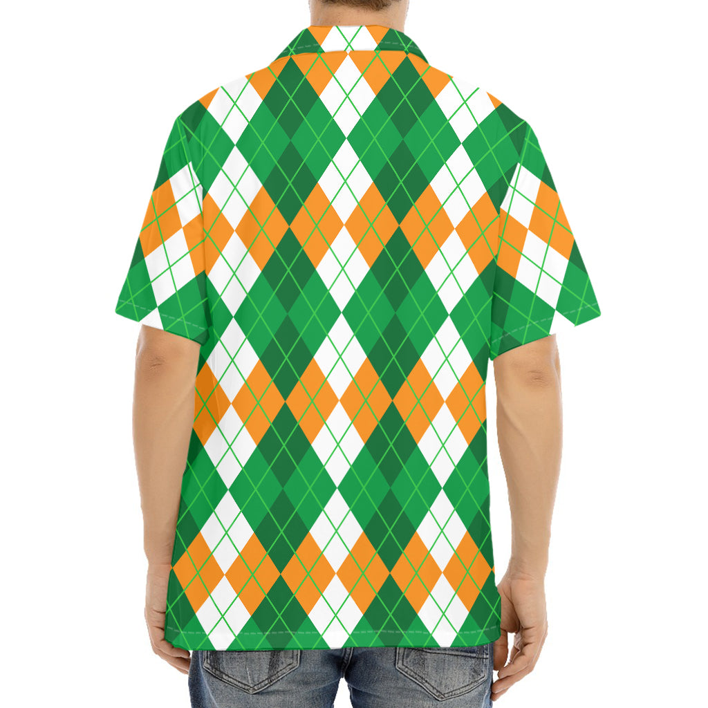 Green Orange And White Argyle Print Aloha Shirt