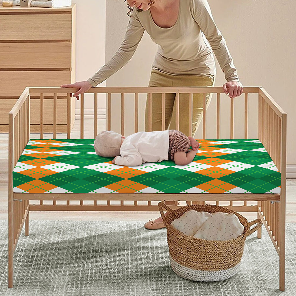 Green Orange And White Argyle Print Baby Crib Sheet