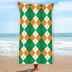 Green Orange And White Argyle Print Beach Towel