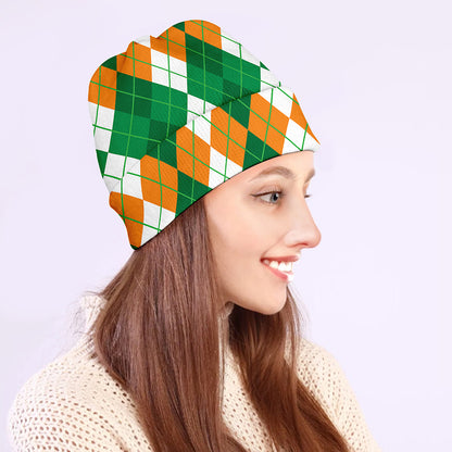 Green Orange And White Argyle Print Beanie