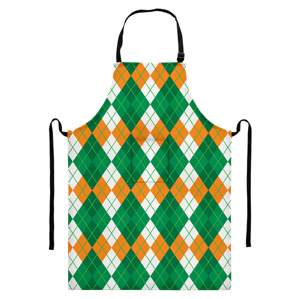 Green Orange And White Argyle Print Bib Apron With Pocket