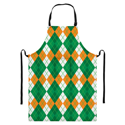 Green Orange And White Argyle Print Bib Apron With Pocket
