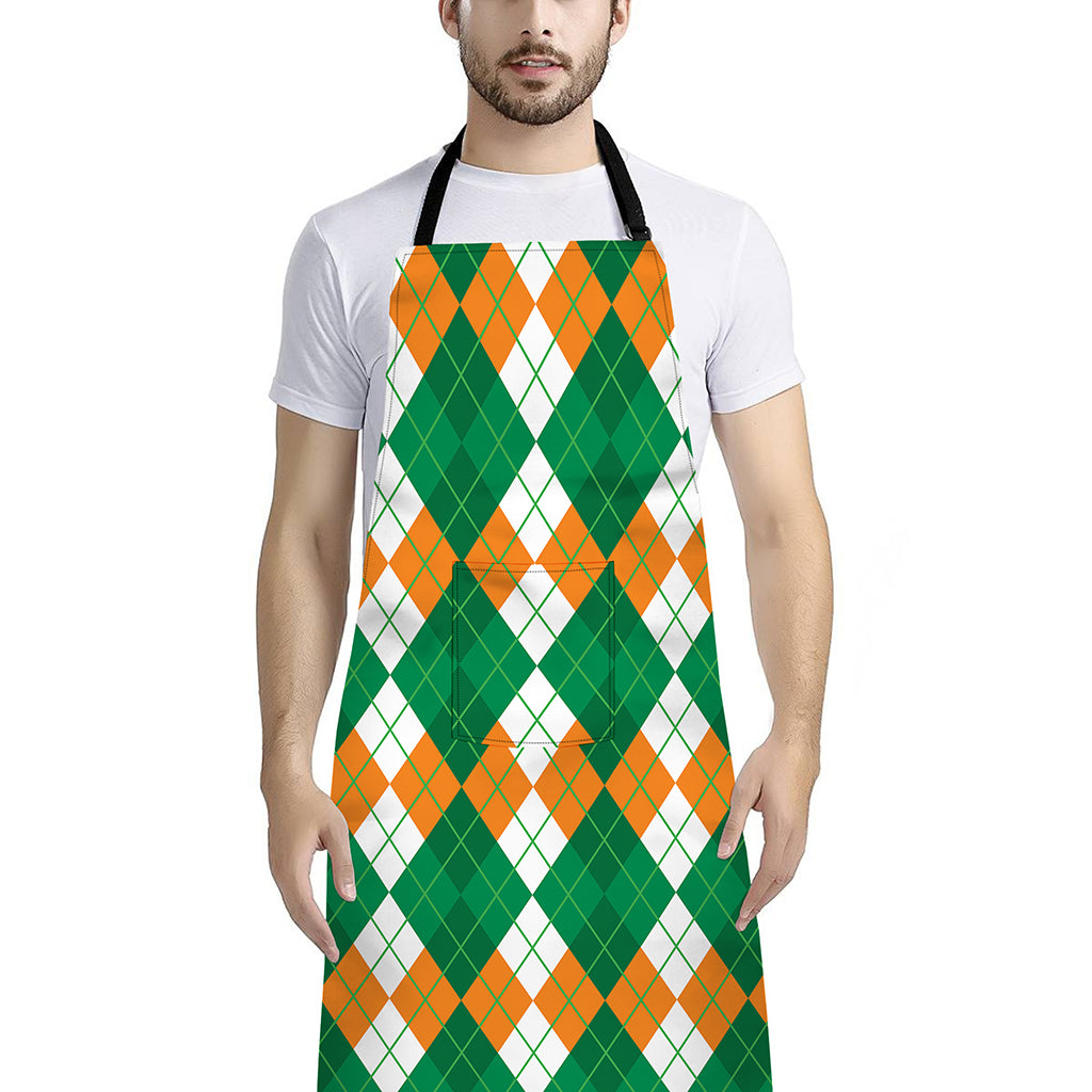 Green Orange And White Argyle Print Bib Apron With Pocket