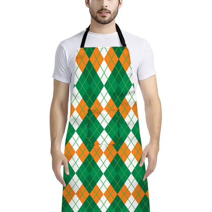 Green Orange And White Argyle Print Bib Apron With Pocket