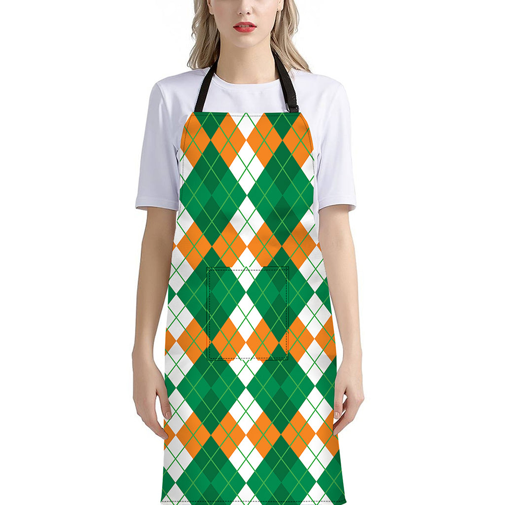 Green Orange And White Argyle Print Bib Apron With Pocket