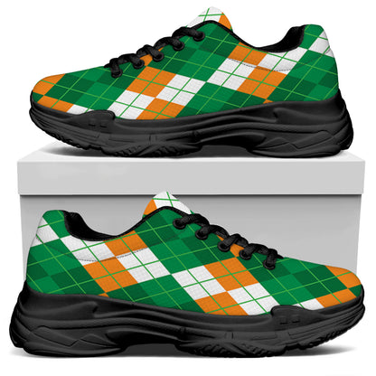 Green Orange And White Argyle Print Black Chunky Shoes