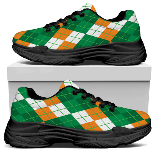 Green Orange And White Argyle Print Black Chunky Shoes