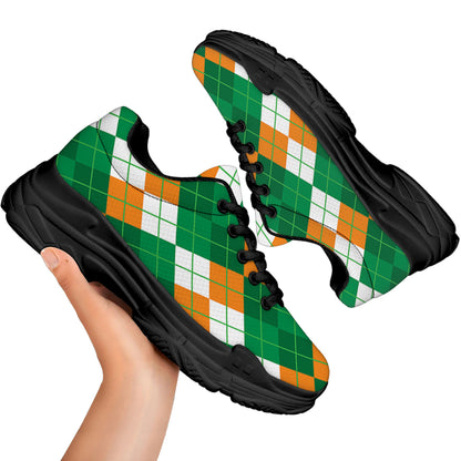 Green Orange And White Argyle Print Black Chunky Shoes