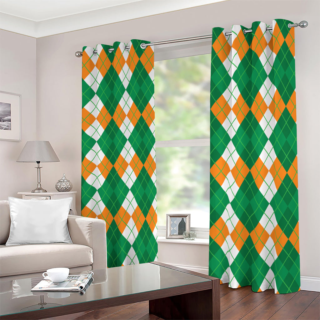 Green Orange And White Argyle Print Blackout Grommet Curtains