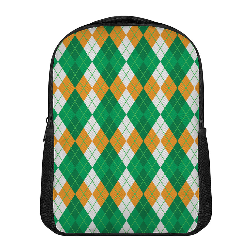 Green Orange And White Argyle Print Casual Backpack