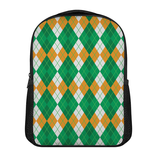 Green Orange And White Argyle Print Casual Backpack