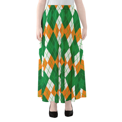 Green Orange And White Argyle Print Chiffon Maxi Skirt
