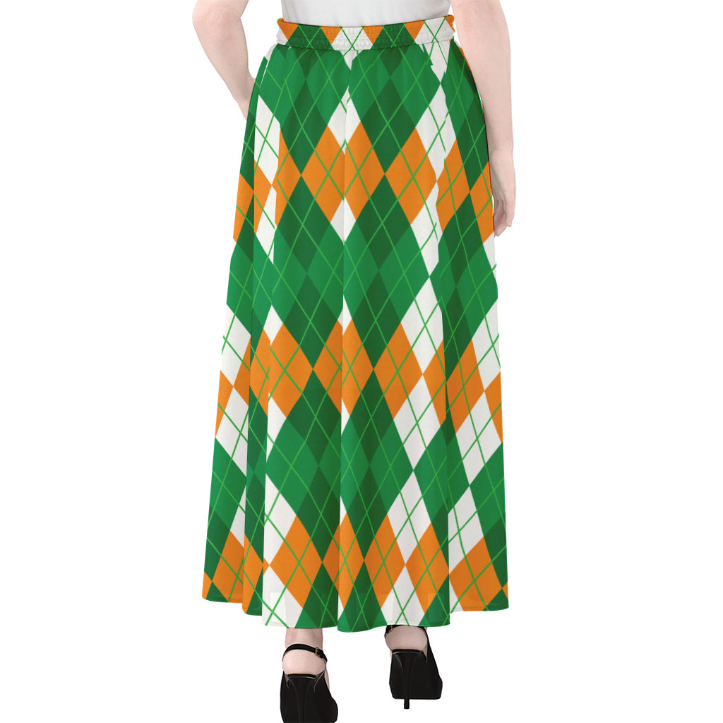 Green Orange And White Argyle Print Chiffon Maxi Skirt
