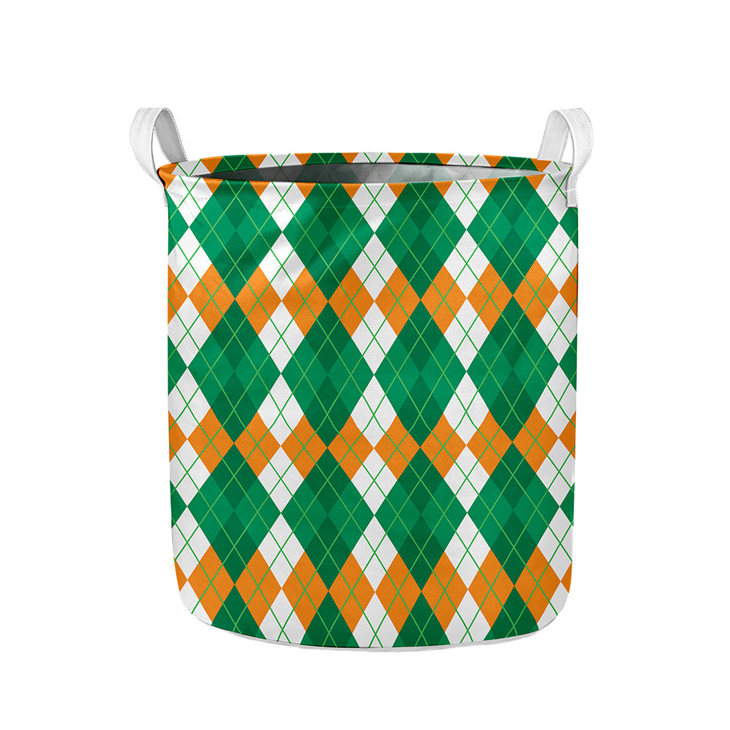 Green Orange And White Argyle Print Collapsible Laundry Basket