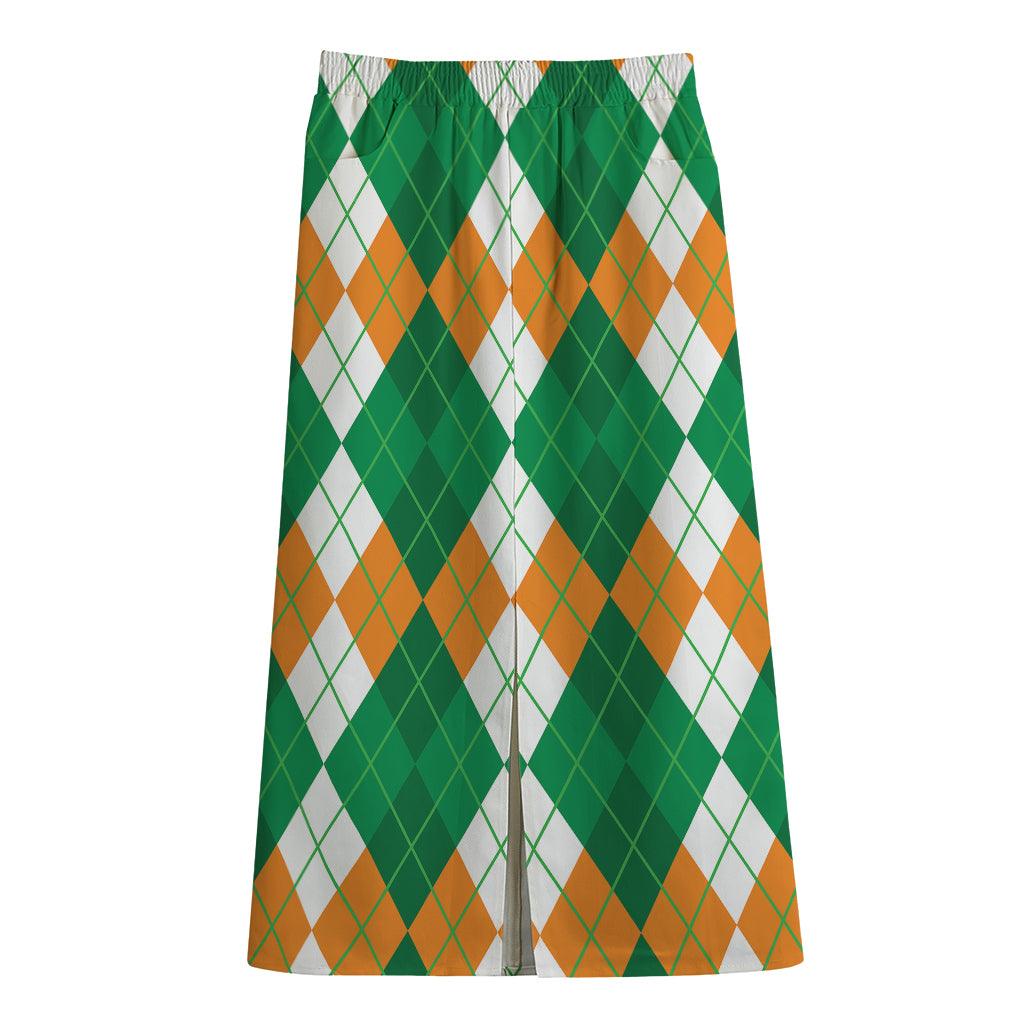 Green Orange And White Argyle Print Cotton Front Slit Maxi Skirt
