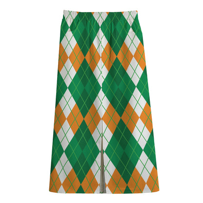 Green Orange And White Argyle Print Cotton Front Slit Maxi Skirt