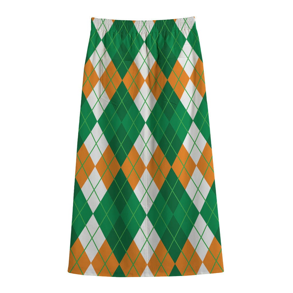 Green Orange And White Argyle Print Cotton Front Slit Maxi Skirt