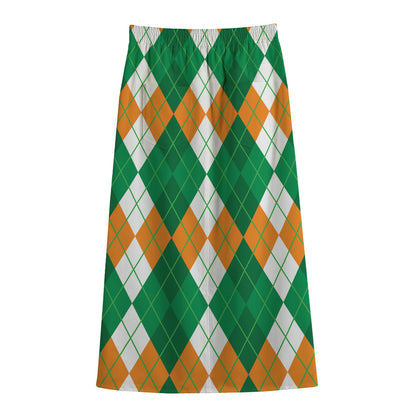 Green Orange And White Argyle Print Cotton Front Slit Maxi Skirt