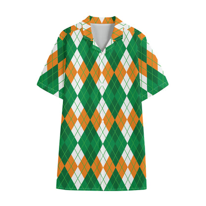 Green Orange And White Argyle Print Cotton Hawaiian Shirt