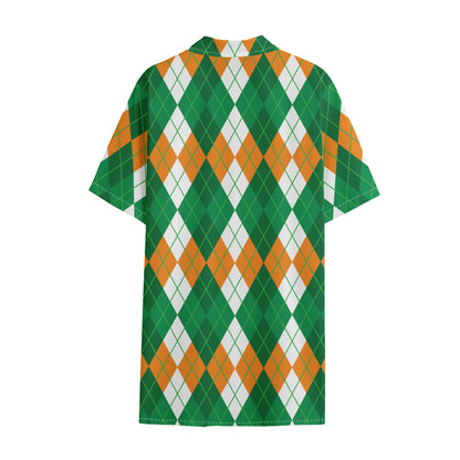 Green Orange And White Argyle Print Cotton Hawaiian Shirt