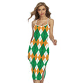 Green Orange And White Argyle Print Cross Back Cami Dress