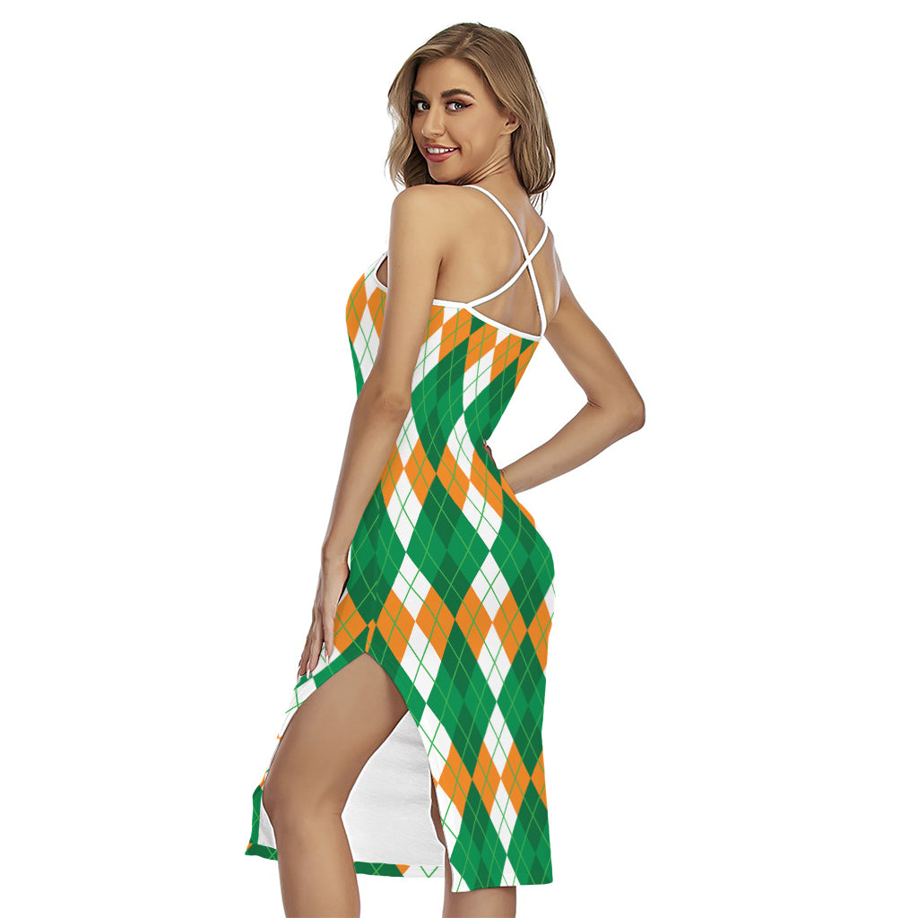 Green Orange And White Argyle Print Cross Back Cami Dress