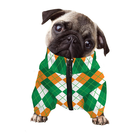 Green Orange And White Argyle Print Dog Zip Up Jacket