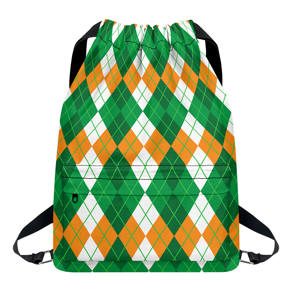 Green Orange And White Argyle Print Drawstring Backpack