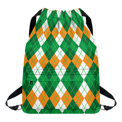 Green Orange And White Argyle Print Drawstring Backpack