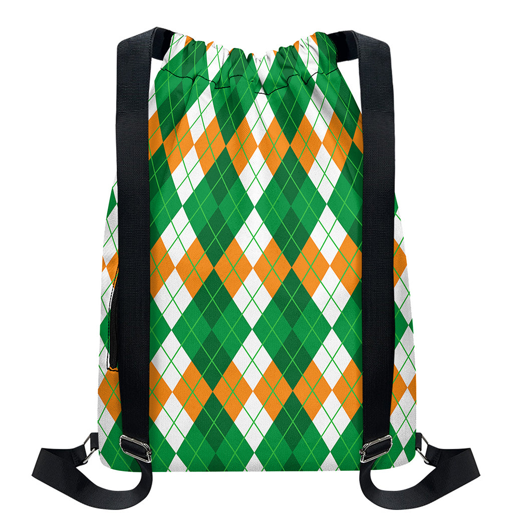 Green Orange And White Argyle Print Drawstring Backpack