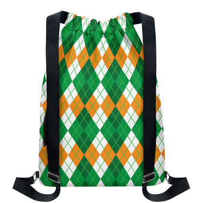 Green Orange And White Argyle Print Drawstring Backpack