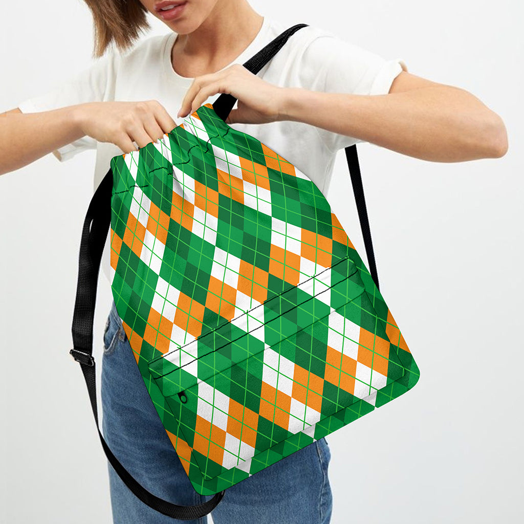 Green Orange And White Argyle Print Drawstring Backpack