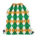 Green Orange And White Argyle Print Drawstring Bag