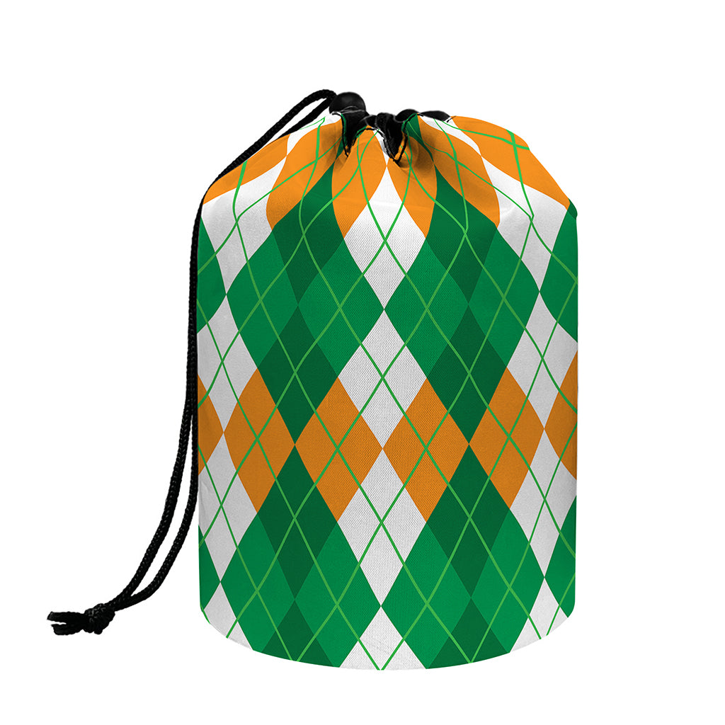 Green Orange And White Argyle Print Drawstring Makeup Bag