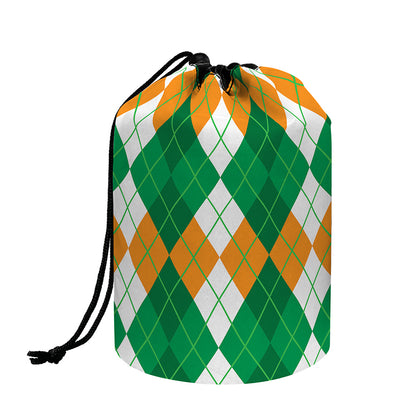 Green Orange And White Argyle Print Drawstring Makeup Bag