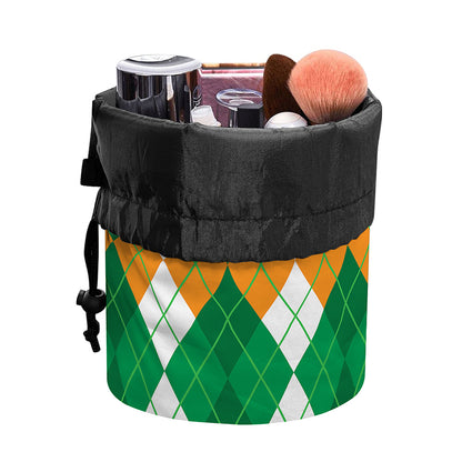 Green Orange And White Argyle Print Drawstring Makeup Bag