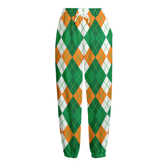 Green Orange And White Argyle Print Fleece Lined Knit Pants
