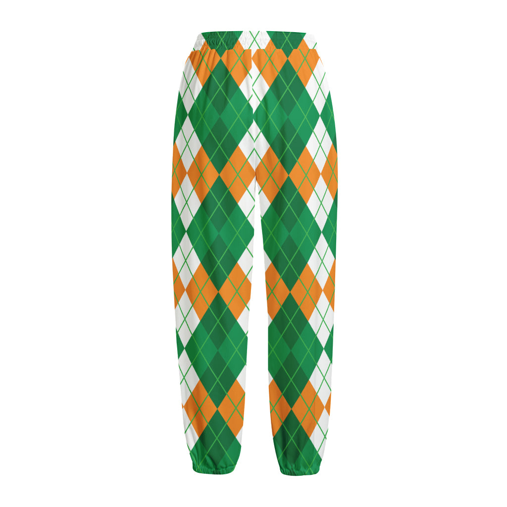 Green Orange And White Argyle Print Fleece Lined Knit Pants