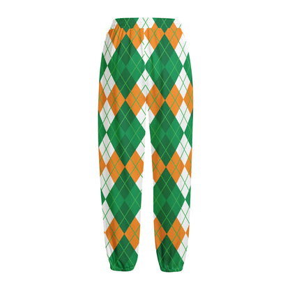 Green Orange And White Argyle Print Fleece Lined Knit Pants