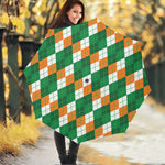 Green Orange And White Argyle Print Foldable Umbrella