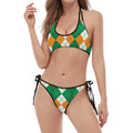 Green Orange And White Argyle Print Halter Scoop Tie Side Bikini