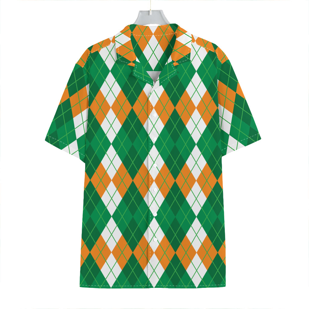 Green Orange And White Argyle Print Hawaiian Shirt