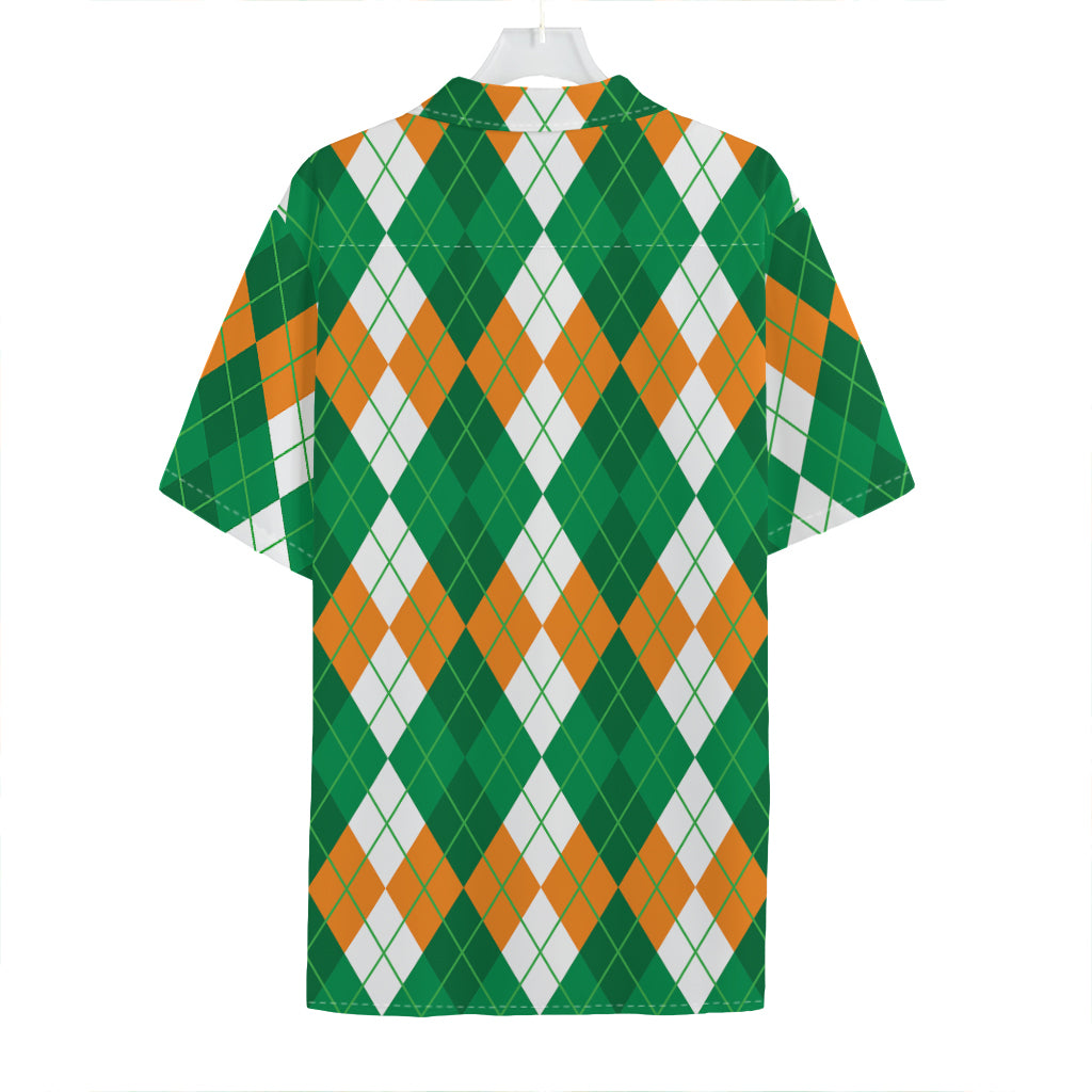 Green Orange And White Argyle Print Hawaiian Shirt